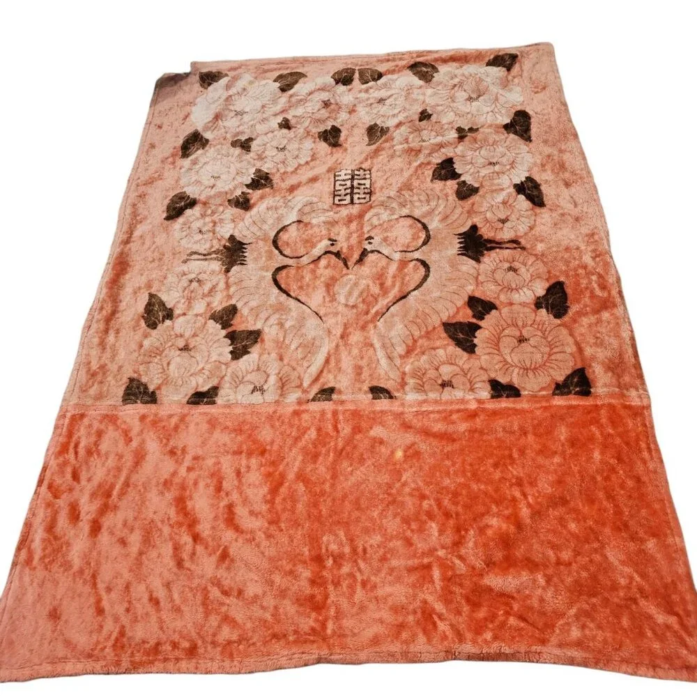 MCM VTG 1950s Korean Mink Peach‎ Pink Floral Blanket Coverlet Twin Heavy 58x81